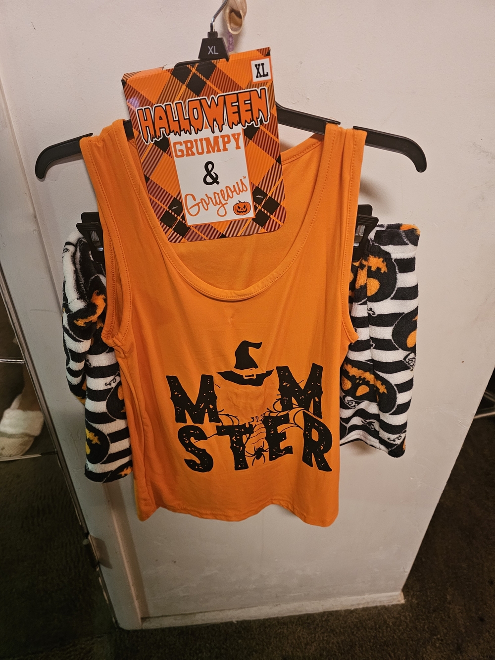 Halloween Orange Pumkin Stripes 'Momster' Tank Top & Short Pajama Set -